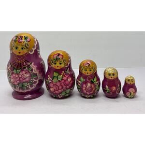 Vintage Matryoshka Russian Nesting Dolls 5 Pieces Wooden Hand Painted Glitter